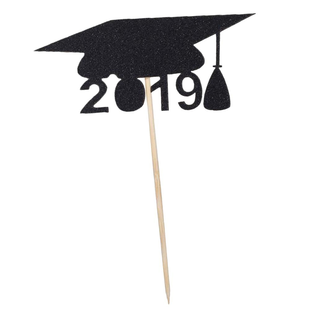 Maxbell 12Pcs Giltter Cupcake Topper Graduation Cap Party Cake Topper Black