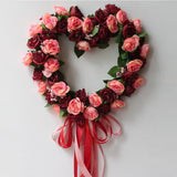 Maxbell Heart Shape Artificial Silk Rose Flower Wreath Home Wedding Decor Wine Red