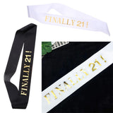 Max Finally 21 Plain Satin Sash with Glitter Letter Etiquette Photo Props White