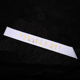 Max Finally 21 Plain Satin Sash with Glitter Letter Etiquette Photo Props White