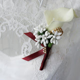 Max Cute Calla Berry Rhinestone Groom Bridal Wedding Corsage Cream + Wine Red