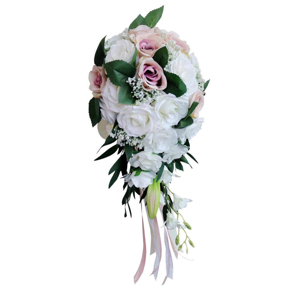 Maxbell Wedding Hand Bouquet Bridal Holding Artificial Flowers White + Light Pink