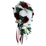 Maxbell Wedding Hand Bouquet Bridal Holding Artificial Flowers White + Wine Red