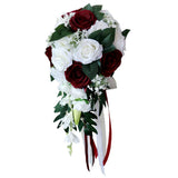 Maxbell Wedding Hand Bouquet Bridal Holding Artificial Flowers White + Wine Red