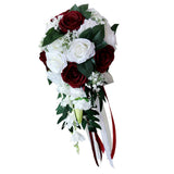 Maxbell Wedding Hand Bouquet Bridal Holding Artificial Flowers White + Wine Red