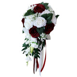 Maxbell Wedding Hand Bouquet Bridal Holding Artificial Flowers White + Wine Red