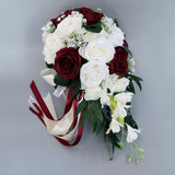 Maxbell Wedding Hand Bouquet Bridal Holding Artificial Flowers White + Wine Red