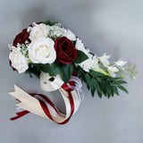Maxbell Wedding Hand Bouquet Bridal Holding Artificial Flowers White + Wine Red