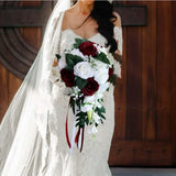 Maxbell Wedding Hand Bouquet Bridal Holding Artificial Flowers White + Wine Red