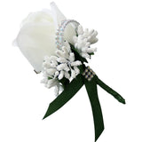 Max Stimulation Rose Flower Brooch Pin Wedding Corsage Pin White and Dark Green