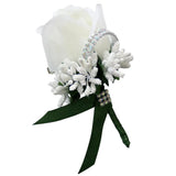 Max Stimulation Rose Flower Brooch Pin Wedding Corsage Pin White and Dark Green
