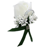 Max Stimulation Rose Flower Brooch Pin Wedding Corsage Pin White and Dark Green
