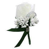 Max Stimulation Rose Flower Brooch Pin Wedding Corsage Pin White and Dark Green