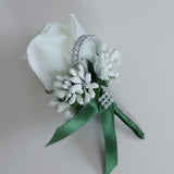 Max Stimulation Rose Flower Brooch Pin Wedding Corsage Pin White and Dark Green