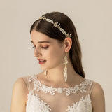 Max Women Bridal Hair Band Pearls Earrings Set Wedding Party Prom Headpiece