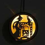 Max Wooden Halloween Laser Hollowed Hanging Decorations LED lights Witch+Cat