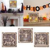 Max Square Wood Hollowed Halloween Decorations LED lights Witch+Bats+Cat