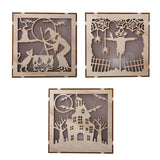 Max Square Wood Hollowed Halloween Decorations LED lights Witch+Bats+Cat