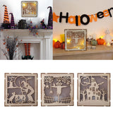 Max Square Wood Hollowed Halloween Decorations LED lights Witch+Bats+Cat