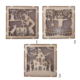 Max Square Wood Hollowed Halloween Decorations LED lights Witch+Bats+Cat