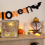 Max Square Wood Hollowed Halloween Decorations LED lights Witch+Bats+Cat