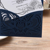 Max 10 Pieces Luxury Hollow Floral Invitation Card with Envelope Dark Blue