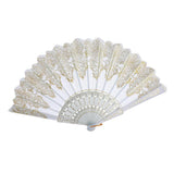 Hand Held Flower Lace Silk Cloth Folding Fan for Party Wedding white