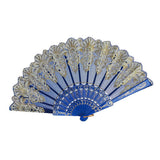 Hand Held Flower Lace Silk Cloth Folding Fan for Party Wedding royal blue