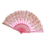 Hand Held Flower Lace Silk Cloth Folding Fan for Party Wedding pink