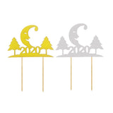 Max 6pcs Glitter 2020 Moon Tree Shape Cake Topper Christmas Party Decor Golden
