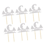 Max 6pcs Glitter 2020 Moon Tree Shape Cake Topper Christmas Party Decor Silver