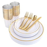 Max 150 Pieces Shiny Finish Disposable Dinnerware Set for 25 Guests Gold