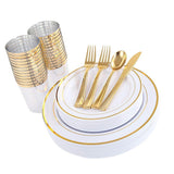 Max 150 Pieces Shiny Finish Disposable Dinnerware Set for 25 Guests Gold