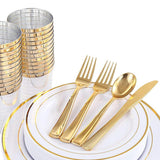 Max 150 Pieces Shiny Finish Disposable Dinnerware Set for 25 Guests Gold