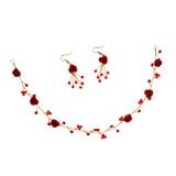 Maxbell Bridal Crown Headband Fashion Red Rose Earrings Headdress Hair Accessory