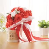 Maxbell Wedding Bride Bouquet with Silk Ribbon for Anniversary Church Decoration Red