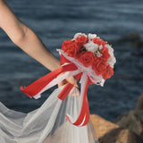 Maxbell Wedding Bride Bouquet with Silk Ribbon for Anniversary Church Decoration Red