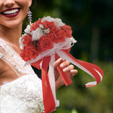 Maxbell Wedding Bride Bouquet with Silk Ribbon for Anniversary Church Decoration Red