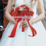 Maxbell Wedding Bride Bouquet with Silk Ribbon for Anniversary Church Decoration Red