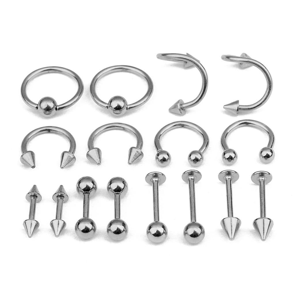 Maxbell 16/Pack Stainless Steel Ear Studs Labret Lip Rings Nose Tongue  Silver