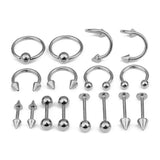 Maxbell 16/Pack Stainless Steel Ear Studs Labret Lip Rings Nose Tongue  Silver