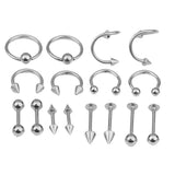 Maxbell 16/Pack Stainless Steel Ear Studs Labret Lip Rings Nose Tongue  Silver