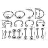 Maxbell 16/Pack Stainless Steel Ear Studs Labret Lip Rings Nose Tongue  Silver