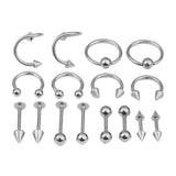 Maxbell 16/Pack Stainless Steel Ear Studs Labret Lip Rings Nose Tongue  Silver