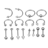 Maxbell 16/Pack Stainless Steel Ear Studs Labret Lip Rings Nose Tongue  Silver