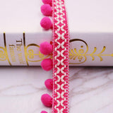 Maxbell 3 Yards 32mm Pom Pom Ball Fringe Ribbon Trim for Sewing Decoration Rose red