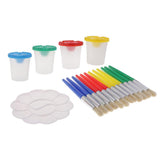 Maxbell Art Supply 4 Piece Children No Spill Paint Cups with Colored Lids and 12 Piece Large Round Brush Set with Plastic Handles and Palette