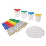 Maxbell Art Supply 4 Piece Children No Spill Paint Cups with Colored Lids and 12 Piece Large Round Brush Set with Plastic Handles and Palette