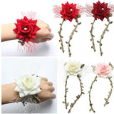 Maxbell Wrist Corsage Braided Leaves Bridal Bracelet Wedding Hand Flower Red