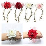 Maxbell Wrist Corsage Braided Leaves Bridal Bracelet Wedding Hand Flower Red